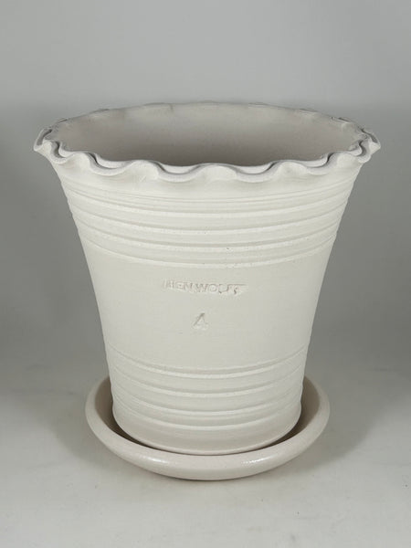 SPC1164-27 Ben Wolff #4 Flower Pot in White Clay. Sealed saucer with cork pads. 7.25”H x 7.5”W --- ONE OF A KIND