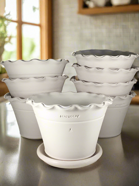 Ben Wolff #4 Scalloped Half Pot in White Clay. Sealed #6 saucer with cork pads. 6”H x 8.75”W --- MULTIPLE AVAILABLE