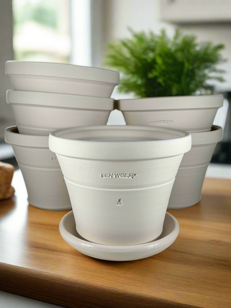 Ben Wolff #4 Traditional Half Pot in White Clay. Sealed #6 saucer with cork pads. 6”H x 8”W --- MULTIPLE AVAILABLE