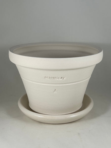 ZSPC1172-18 Ben Wolff #4 Half Pot in White Clay. Sealed #6 saucer with cork pads. 5.5"H x 8.25”W --- ONE OF A KIND