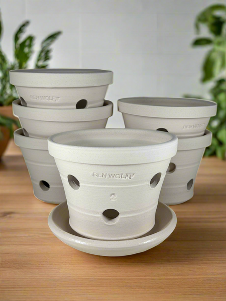 half plant pots Ben Wolff #2 Orchid Half Pot in White Clay. Sealed saucer with cork pa – BEN WOLFF POTTERY