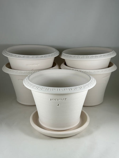 greek plant pots Ben Wolff #4 Greek Key Half Pot in White Clay. Sealed saucer with cork – BEN WOLFF POTTERY