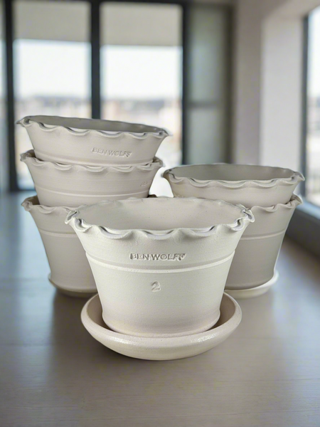 white ceramic flower pot with saucer Ben Wolff #2 Scalloped Half Pot in White Clay. Sealed saucer with cork – BEN WOLFF POTTERY