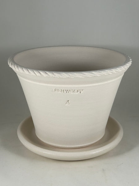 ZSPC1174-25 Ben Wolff #4 Half Pot in White Clay. Sealed #6 saucer with cork pads. 5.5”H x 7.75”W --- ONE OF A KIND