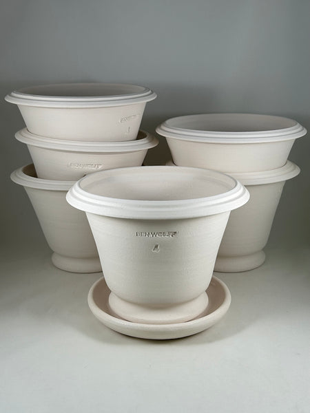 Ben Wolff #4 Roman Half Pot in White Clay. Sealed #6 saucer with cork pads. 6.25”H x 8.5”W --- MULTIPLE AVAILABLE
