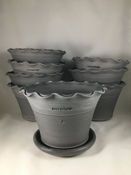Ben Wolff #4 Scalloped Half Pot in Grey Finish. Sealed #6 saucer with cork pads. 5.75”H x 8.5”W --- MULTIPLES AVAILABLE