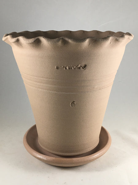SPC1021-24 Ben Wolff #6 Flower Pot in Tan.  Sealed saucer with cork pads. 8“H x 8”W --- ONE OF A KIND