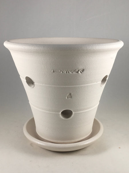 SPC1008-26 Ben Wolff #4 Orchid Pot in White Clay. Sealed Saucer with cork pads. 6.75”H x 7.5”W --- ONE OF A KIND