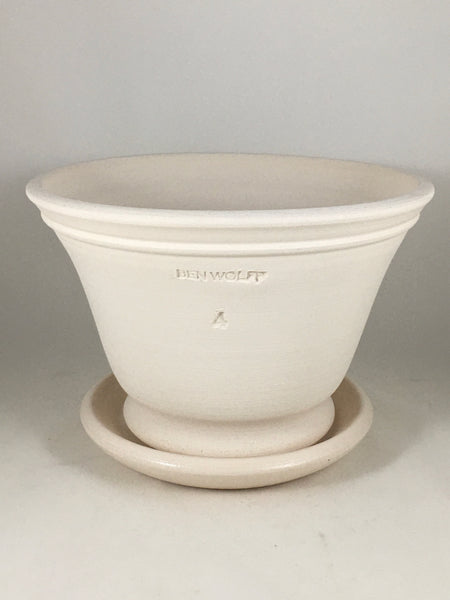 SPC1112-17 Ben Wolff #4 Half Pot in White Clay. Sealed #6 saucer with cork pads. 5.75”H x 8.75”W --- ONE OF A KIND
