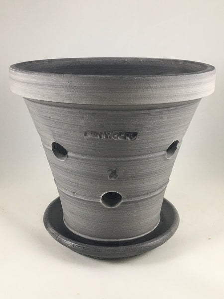 SPC1012-24 Ben Wolff #4 Orchid Pot in Grey Finish Sealed saucer with cork pads. 6.75”H x 7.5”W --- ONE OF A KIND
