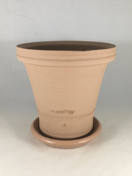 SPC1113-10 Ben Wolff #4 Flower Pot in Tan Clay. Sealed saucer with cork pads. 6.5”H x 7”W --- ONE OF A KIND