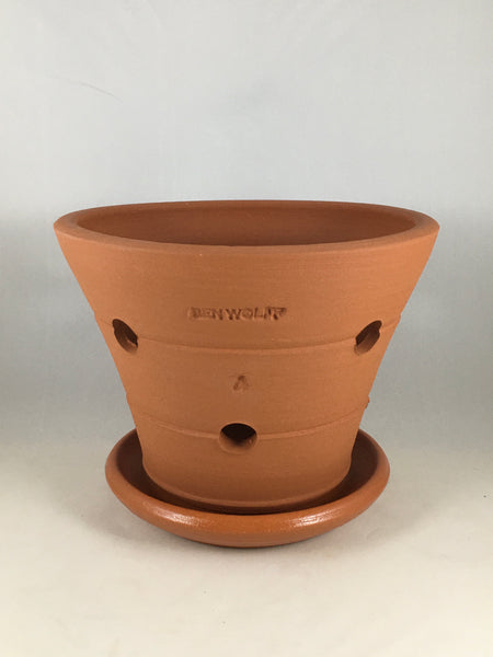 SPC1122-12 Ben Wolff #4 Orchid Half Pot in Goshen Terracotta. Sealed #6 saucer with cork pads. 5.75”H x 7.5”W --- ONE OF A KIND