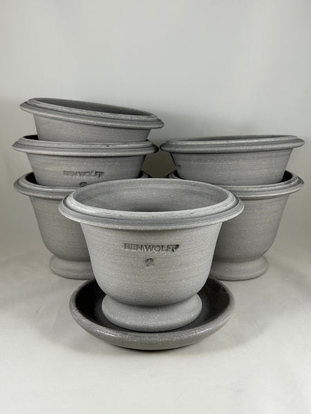 Ben Wolff #2 Roman Half Pot in Grey Finish. Sealed saucer with cork pads. 4.5”H x 6.25”W --- MULTIPLE AVAILABLE