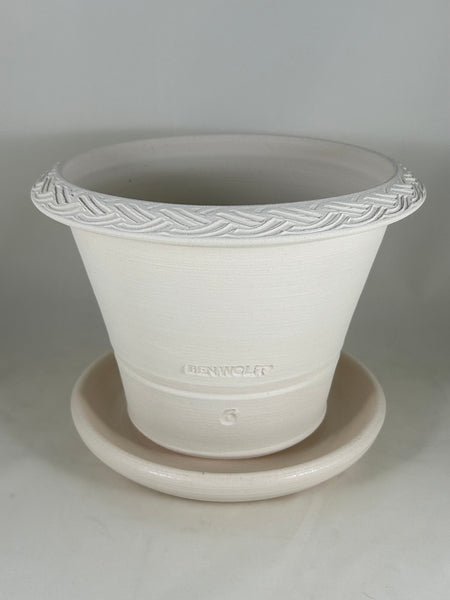 ZSPC1164-37 Ben Wolff #4 Half Pot in White Clay. Sealed saucer with cork pads. 6”H x 8”W --- ONE OF A KIND