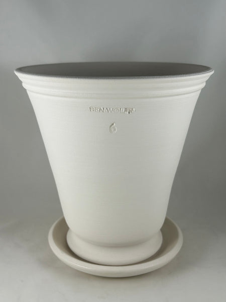 ZSPC1138-15 Ben Wolff #6 Full Pot in White Clay. Sealed saucer with cork pads. 9”H x 9”W --- ONE OF A KIND