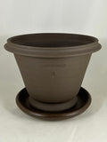 ZSPC1148-25 Ben Wolff #4 Half Pot in Dark Brown Clay. Sealed saucer with cork pads. 5.75”H x 7.75”W --- ONE OF A KIND