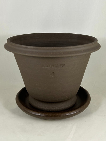ZSPC1148-25 Ben Wolff #4 Half Pot in Dark Brown Clay. Sealed saucer with cork pads. 5.75”H x 7.75”W --- ONE OF A KIND