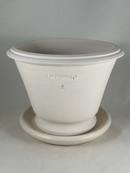 ZSPC1155-22 Ben Wolff #4 Waramaug Half Pot in White Clay. Sealed #6 saucer with cork pads. 6”H x 8”W --- ONE OF A KIND