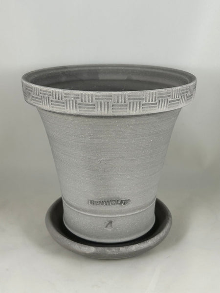 ZSPC1155-25 Ben Wolff #4 Full Pot in Grey Finish. Sealed saucer with cork pads. 7.25”H x 7.25”W --- ONE OF A KIND
