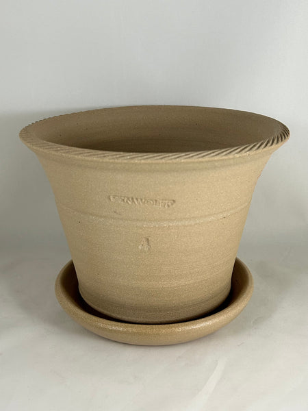 ZSPC1155-26 Ben Wolff #4 Half Pot in Tan Clay. Sealed saucer with cork pads. 5.75”H x 8”W --- ONE OF A KIND