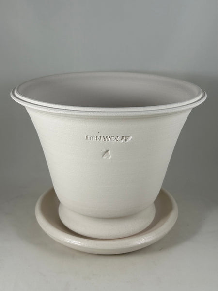 ZSPC1156-19 Ben Wolff #4 Half Pot in White Clay. Sealed #6 saucer with cork pads. 6.25”H x 8.25”W --- ONE OF A KIND