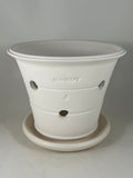 ZSPC1165-29 Ben Wolff #4 Orchid Half Pot in White Clay. Sealed saucer with cork pads. 6.5”H x 8.25”W --- ONE OF A KIND