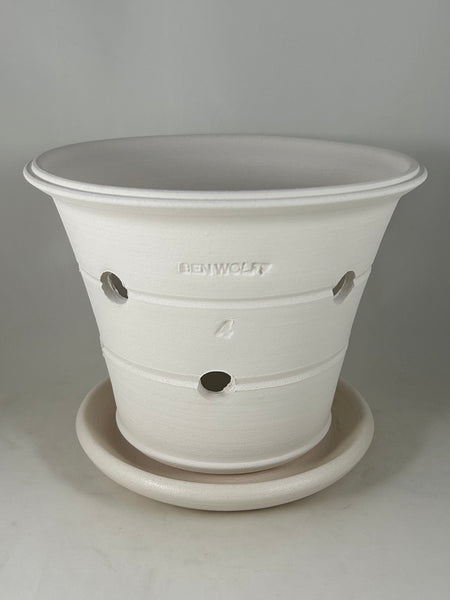 ZSPC1165-29 Ben Wolff #4 Orchid Half Pot in White Clay. Sealed saucer with cork pads. 6.5”H x 8.25”W --- ONE OF A KIND