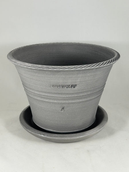 ZSPC1157-18 Ben Wolff #4 Half Pot in Grey Finish. Sealed #6 saucer with cork pads. 5.5”H x 8.25”W --- ONE OF A KIND