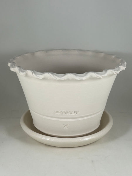 ZSPC1166-24 Ben Wolff #4 Half Pot in White Clay. Sealed #6 saucer with cork pads. 5.25”H x 8.5”W --- ONE OF A KIND