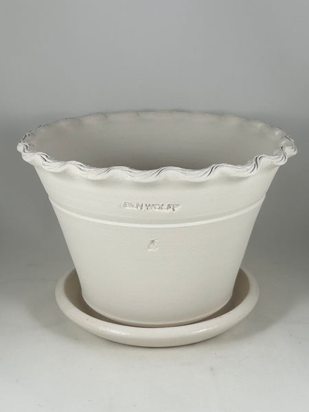 SPC1176-18 Ben Wolff #4 Half Pot in White Clay. Sealed #6 saucer with cork pads. 5.75”H x 9”W --- ONE OF A KIND