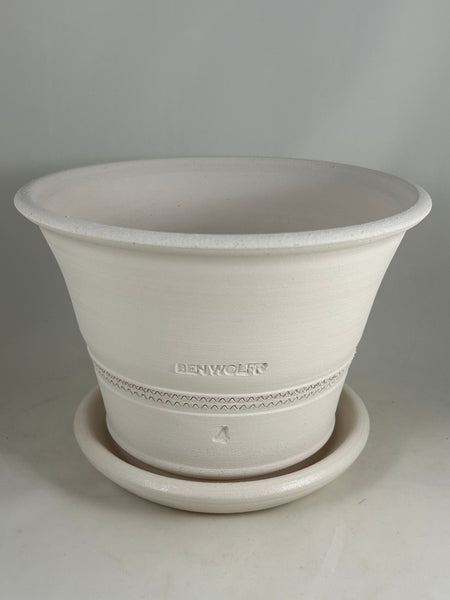 ZSPC1158-18 Ben Wolff #4 Half Pot in White Clay. Sealed #6 saucer with cork pads. 5.75"H x 8.25”W --- ONE OF A KIND