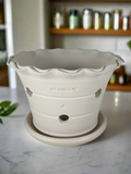 ZSPC1155-23 Ben Wolff #4 Orchid Half Pot in White Clay. Sealed #6 saucer with cork pads. 5.75”H x 8.5”W --- ONE OF A KIND