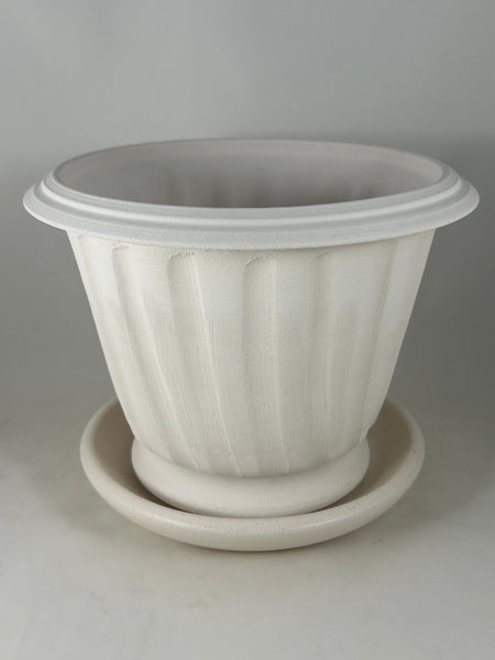 ZSPC1151-19 Ben Wolff #4 Half Pot in White Clay. Sealed saucer with cork pads. 6.25”H x 8”W --- ONE OF A KIND