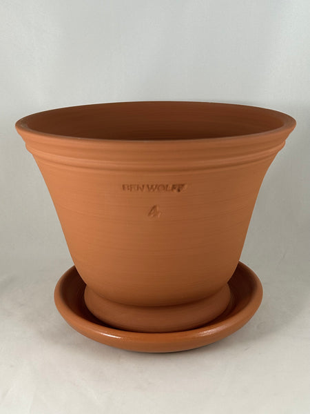 ZSPC1139-23 Ben Wolff #4 Half Pot in Red Terracotta. Sealed saucer with cork pads. 6.25”H x 8.25”W --- ONE OF A KIND