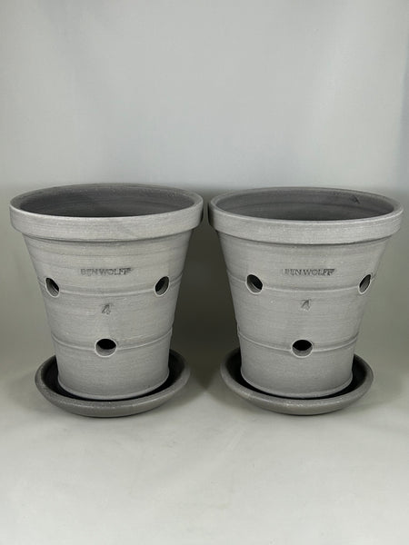 ZSPC1157-24 Ben Wolff Two #4 Orchid Full Pots in Grey Finish. Sealed saucers with cork pads. 7.25”H x 7”W --- ONE OF A KIND