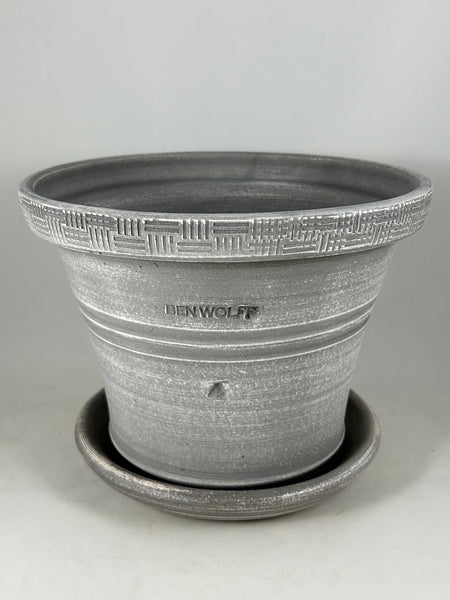 ZSPC1154-24 Ben Wolff #4 Half Pot in Antique Grey Finish. Sealed #6 saucer with cork pads. 6”H x 8.25”W --- ONE OF A KIND