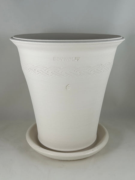 ZSPC1162-33 Ben Wolff #6 Full Pot in White Clay. Sealed saucer with cork pads. 8.75”H x 8.5”W --- ONE OF A KIND