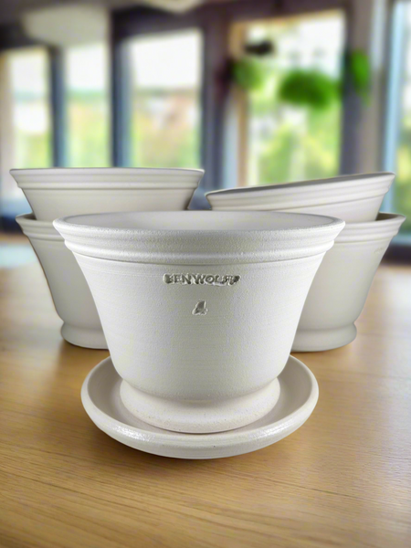 Ben Wolff #4 Gale Half Pot in White Clay. Sealed #6 saucer with cork pads. 6.25”H x 8.5”W --- MULTIPLE AVAILABLE