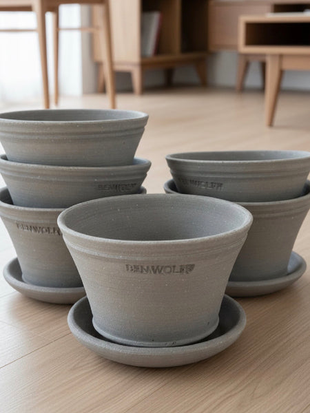 Ben Wolff #1 Hot House Half Pot in Grey Finish. Sealed saucer with felt pads. 3.25”H x 5.25”W --- MULTIPLE AVAILABLE