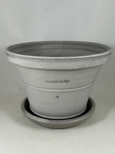 ZSPC1161-29 Ben Wolff #4 Half Pot in Grey Finish. Sealed #6 saucer with cork pads. 5.5”H x 8.5”W --- ONE OF A KIND