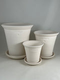 ZSPC1160-23 Ben Wolff #4 Three Flower Pots in White Clay. Sealed saucers with cork pads. --- ONE OF A KIND