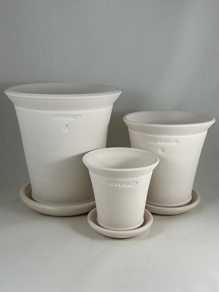ZSPC1160-23 Ben Wolff #4 Three Flower Pots in White Clay. Sealed saucers with cork pads. --- ONE OF A KIND