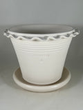 ZSPC1158-21 Ben Wolff #4 Half Pot in White Clay. Sealed saucer with cork pads. 6.25”H x 8.25”W --- ONE OF A KIND