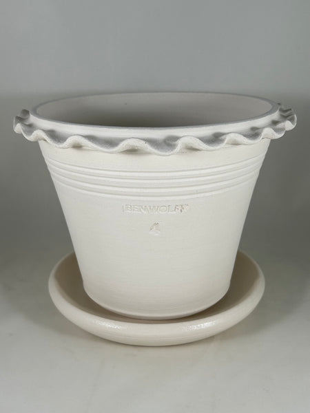 ZSPC1158-21 Ben Wolff #4 Half Pot in White Clay. Sealed saucer with cork pads. 6.25”H x 8.25”W --- ONE OF A KIND