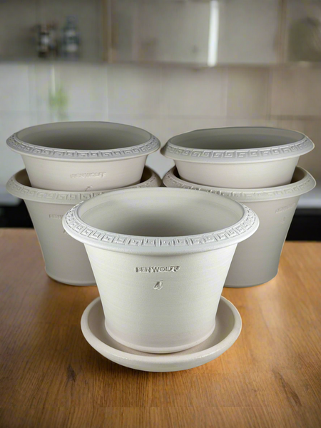 Ben Wolff #4 Greek Key Half Pot in White Clay. Sealed #6 saucer with cork pads. 6”H x 8.5”W --- MULTIPLE AVAILABLE