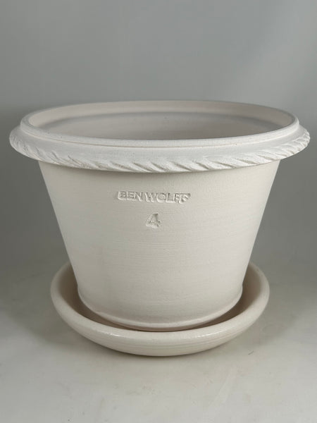 ZSPC1163-20 Ben Wolff #4 Half Pot in White Clay. Sealed #6 saucer with cork pads. 5.75”H x 8.25”W --- ONE OF A KIND