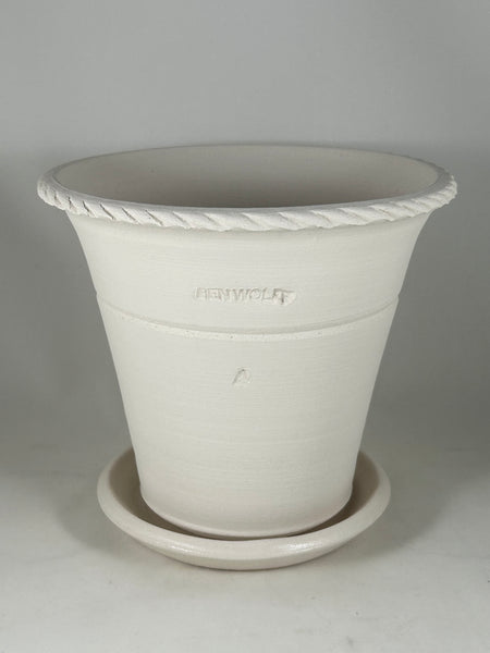 SPC1150-27 Ben Wolff #4 Flower Pot in White Clay.  Sealed saucer with cork pads. 6.75”H x 7.5”W --- ONE OF A KIND