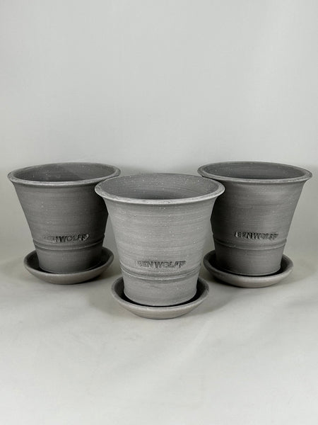 ZSPC1160-25 Ben Wolff Three #1 Full Pots in Grey Finish. Sealed saucers with felt pads. 4”H x 4.25”W --- ONE OF A KIND