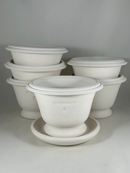 Ben Wolff #2 Roman Half Pot in White Clay. Sealed saucer with cork pads. 4.5”H x 6.25”W --- MULTIPLE AVAILABLE