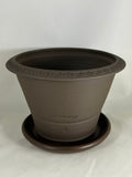 ZSPC1154-28 Ben Wolff #4 Half Pot in Dark Brown Clay. Sealed saucer with cork pads. 5.75”H x 8”W --- ONE OF A KIND